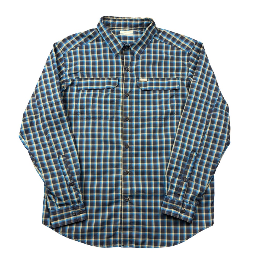 Columbia Omni Shade Blue Plaid Shirt Men Large Long Sleeve Vented Outdoors Nylon